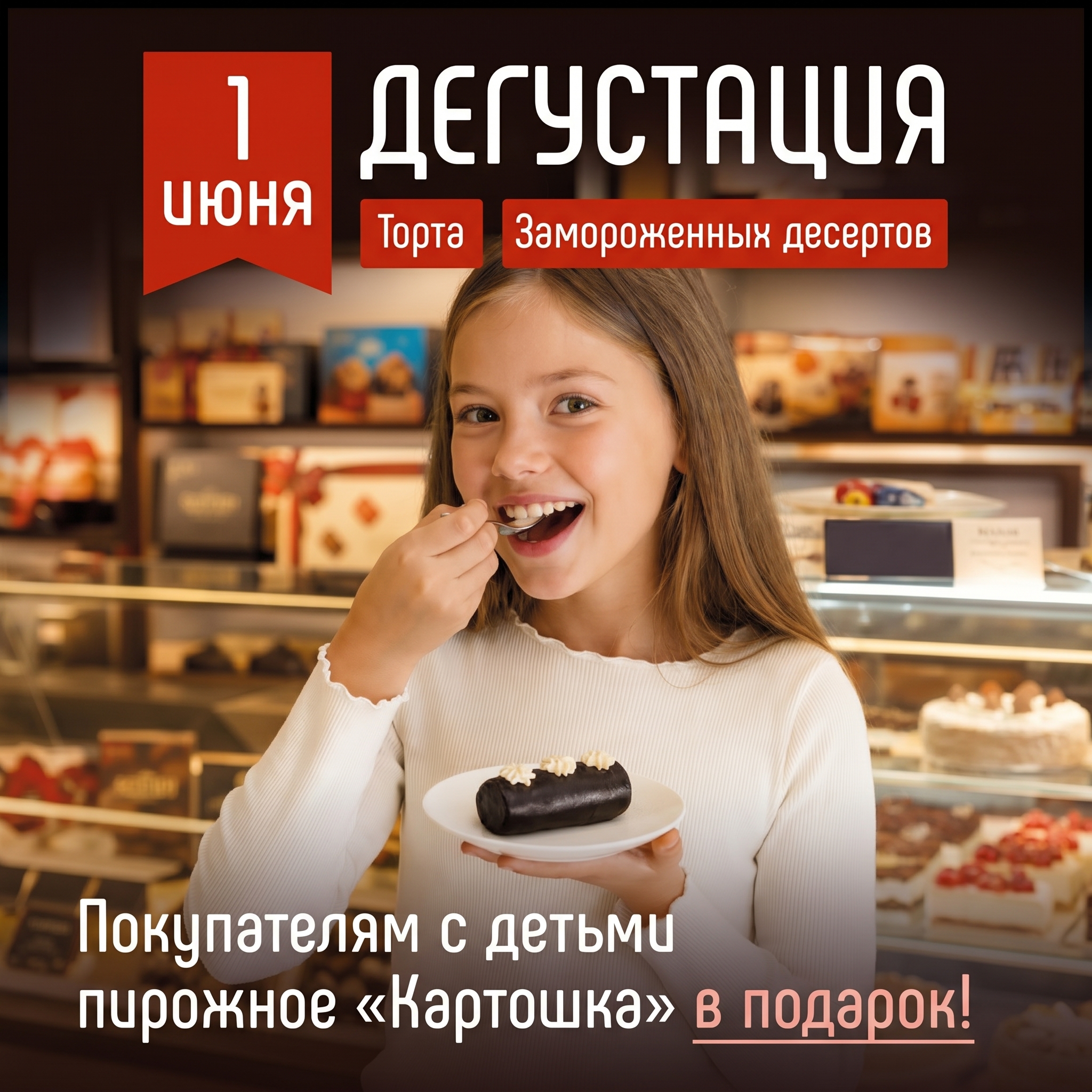 1 июня с Новоторг:  Покупателям с детьми пирожное «Картошка» в подарок!